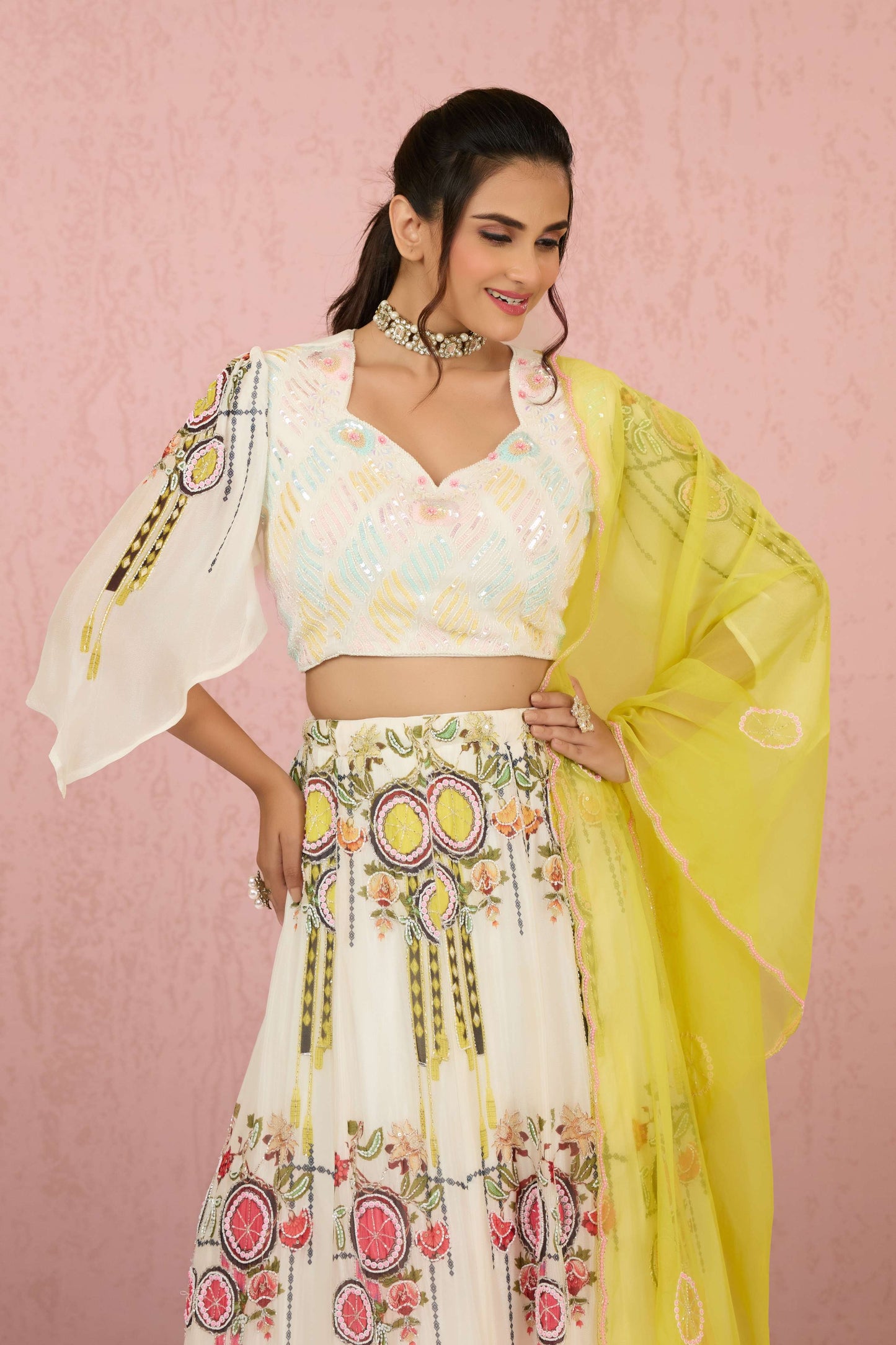 Cream Sequins Chinon Readymade Lehenga 1014-10074