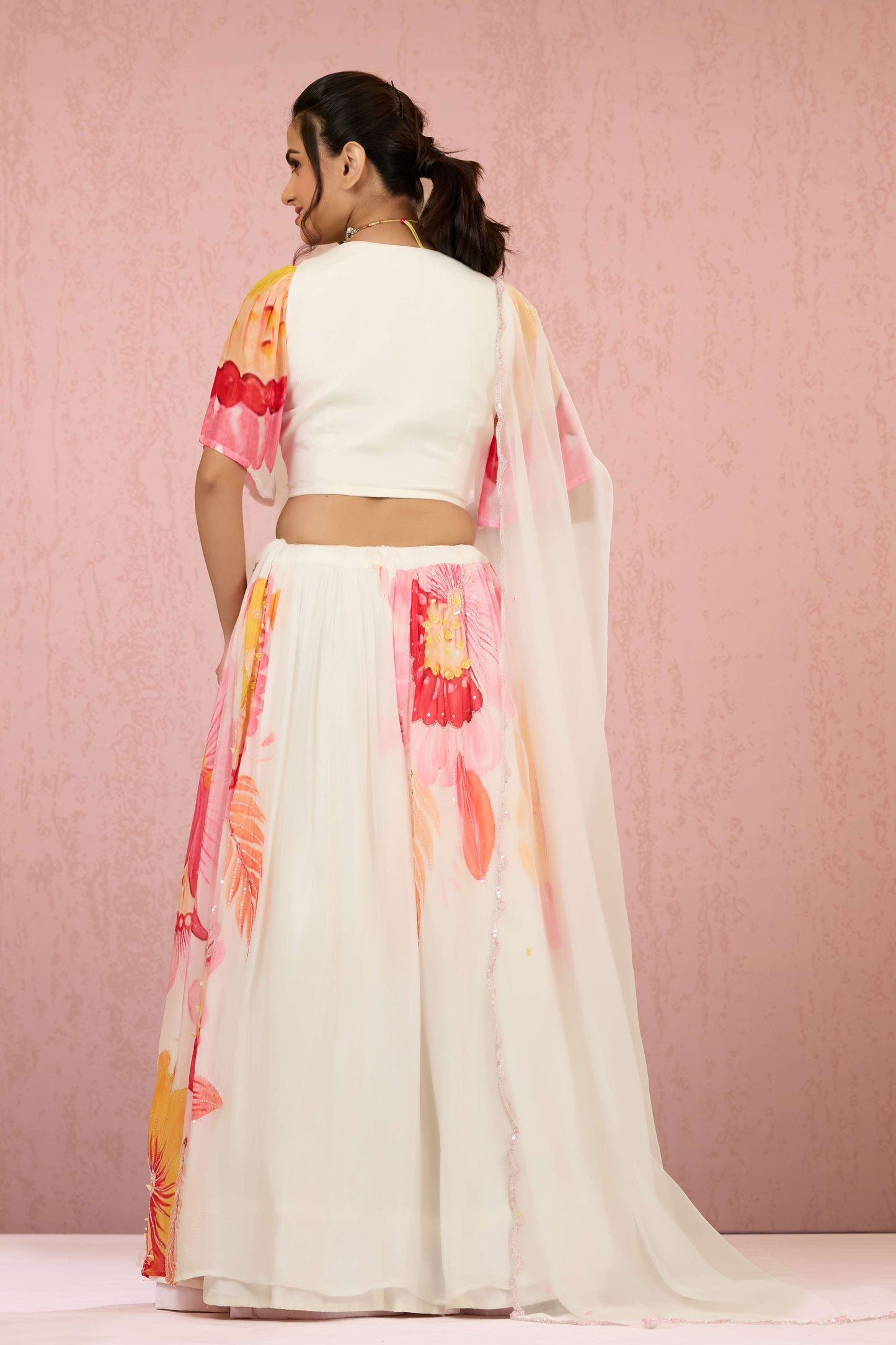 Cream Sequins Chinon Readymade Lehenga 1014-10077