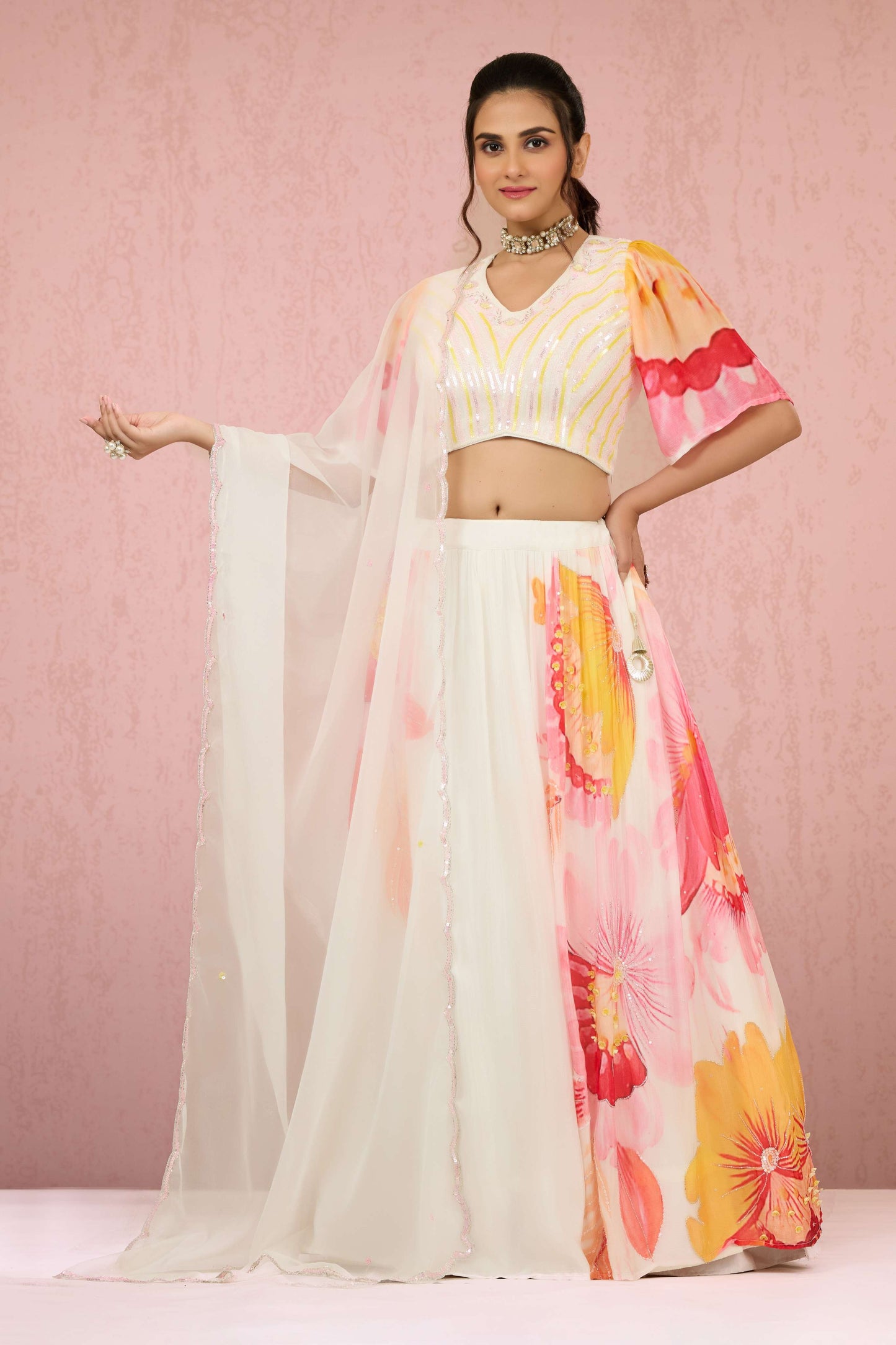 Cream Sequins Chinon Readymade Lehenga 1014-10077