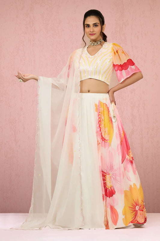 Cream Sequins Chinon Readymade Lehenga 1014-10077