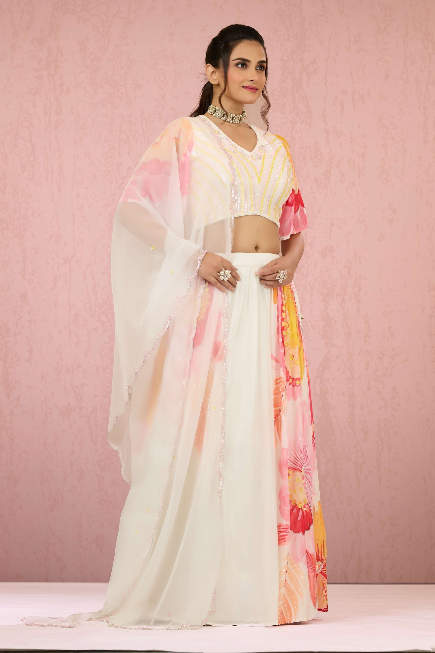 Cream Sequins Chinon Readymade Lehenga 1014-10077