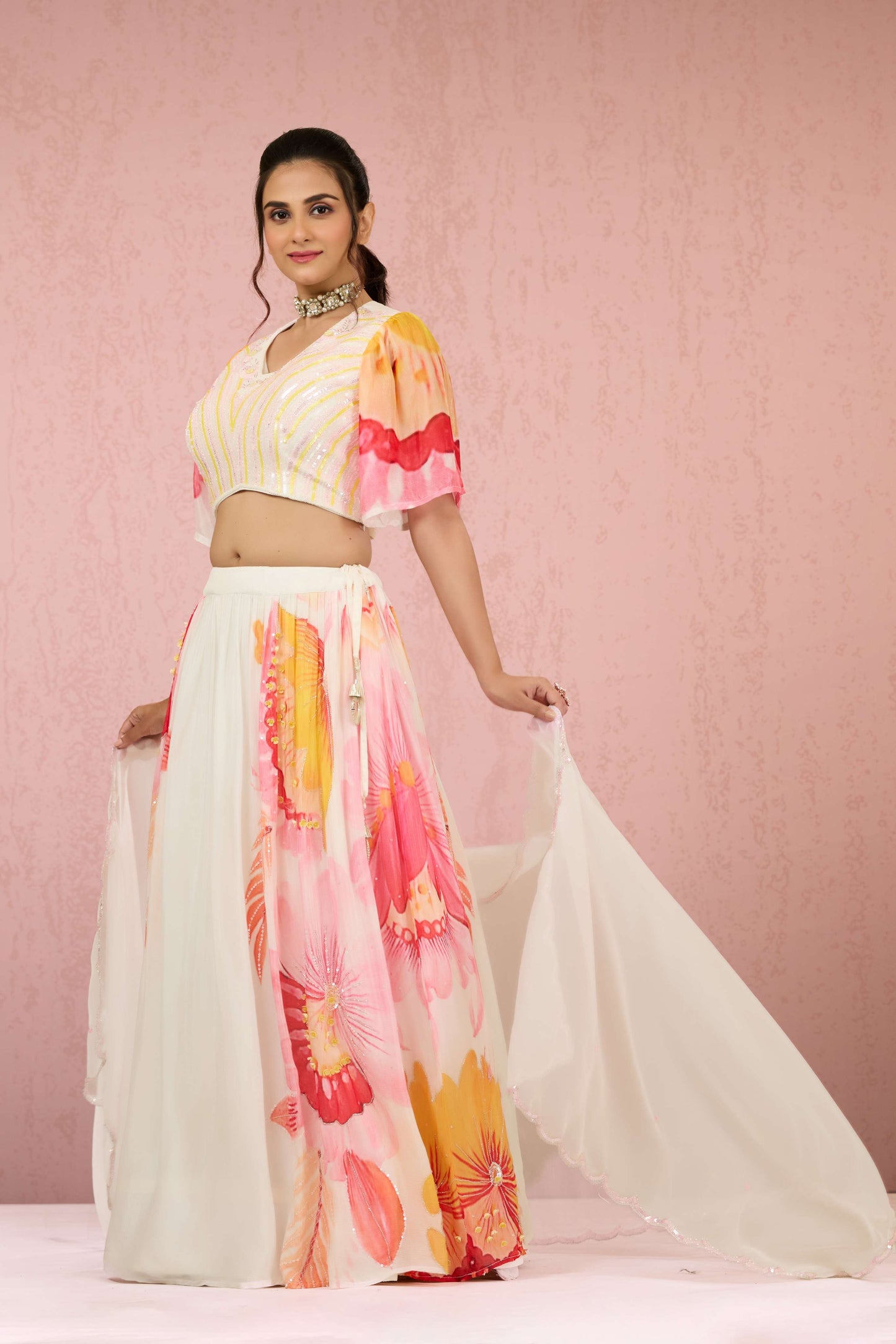 Cream Sequins Chinon Readymade Lehenga 1014-10077
