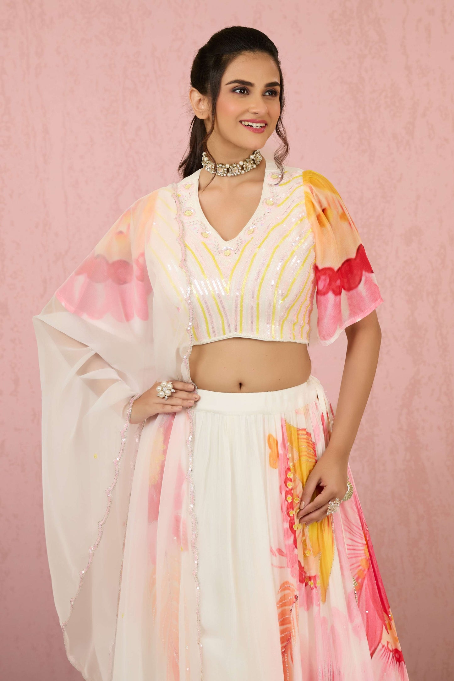 Cream Sequins Chinon Readymade Lehenga 1014-10077
