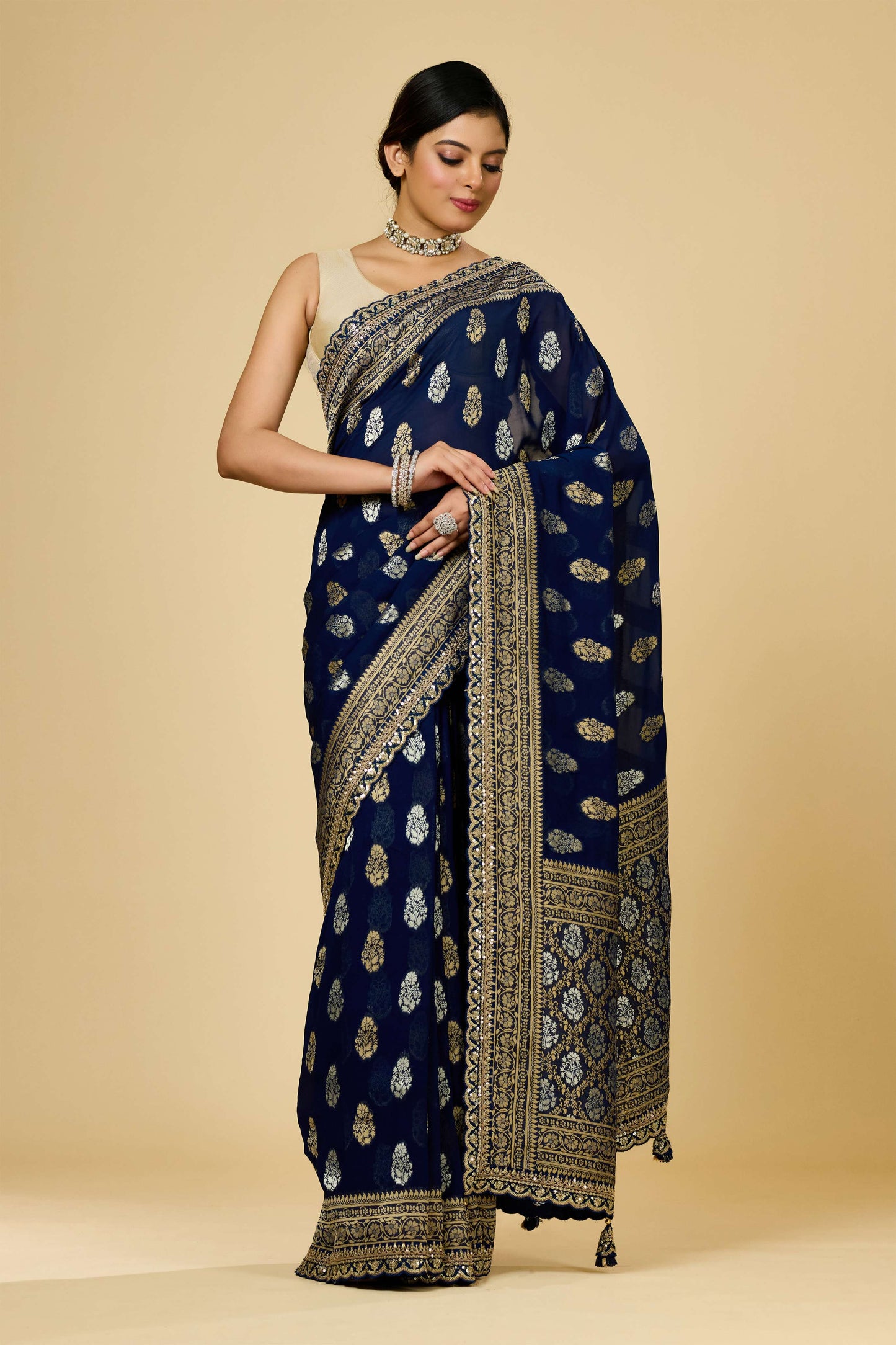 Red/Blue Golden Zari weave Khadi Georgette Sarees 1011-10030