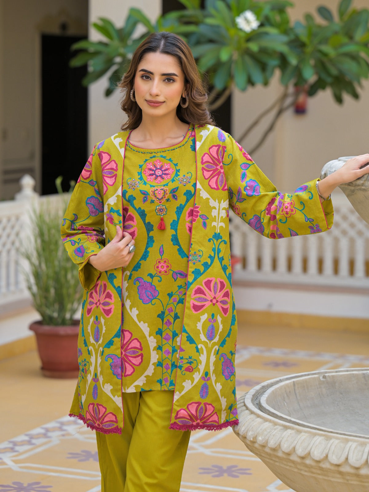 Green Printed  Linen  Indo Western 1005-10153