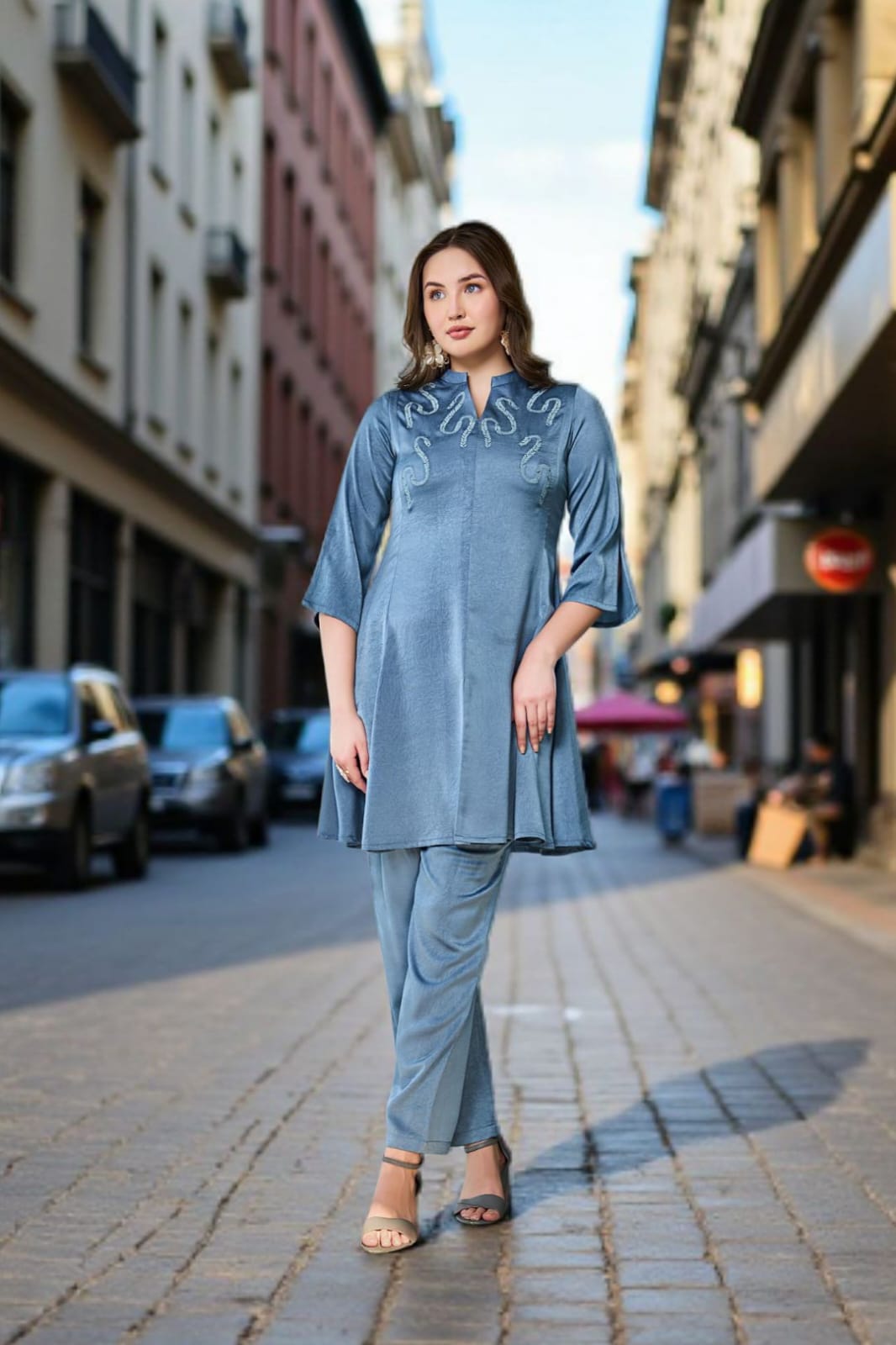 Blue Resham work Sweat Fabric  Coord Set 1034-10147