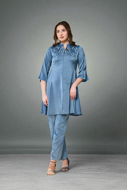 Blue Resham work Sweat Fabric  Coord Set 1034-10147