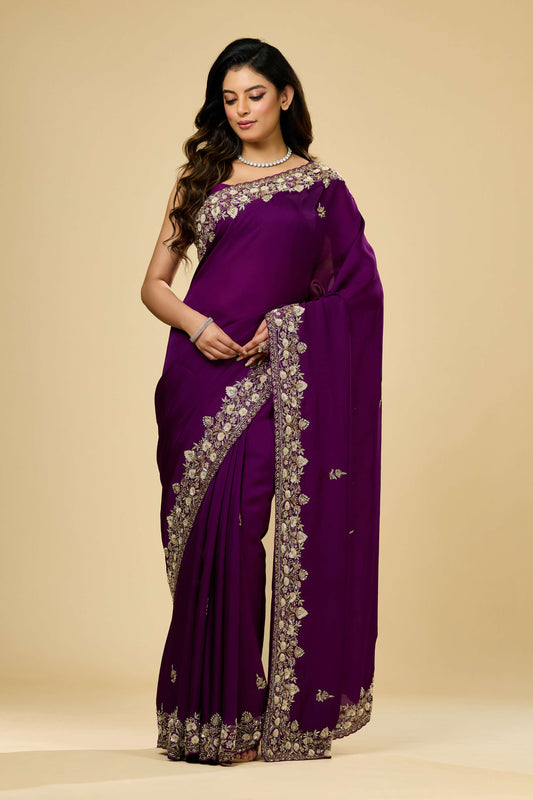 Beige sequins Organza Sarees 1007-10004