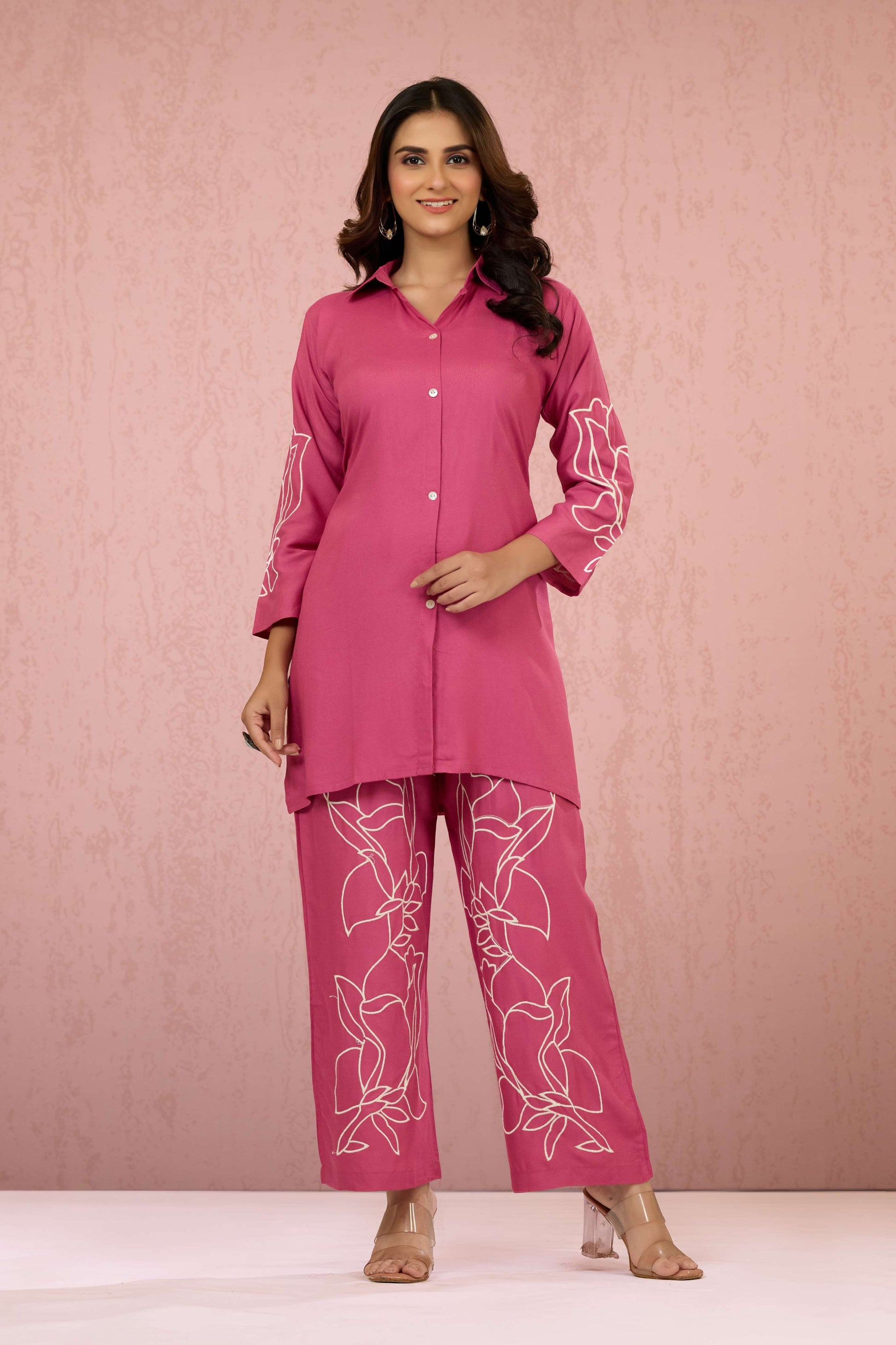 Pink Embroidery Rayon Coord Set 1013-10044