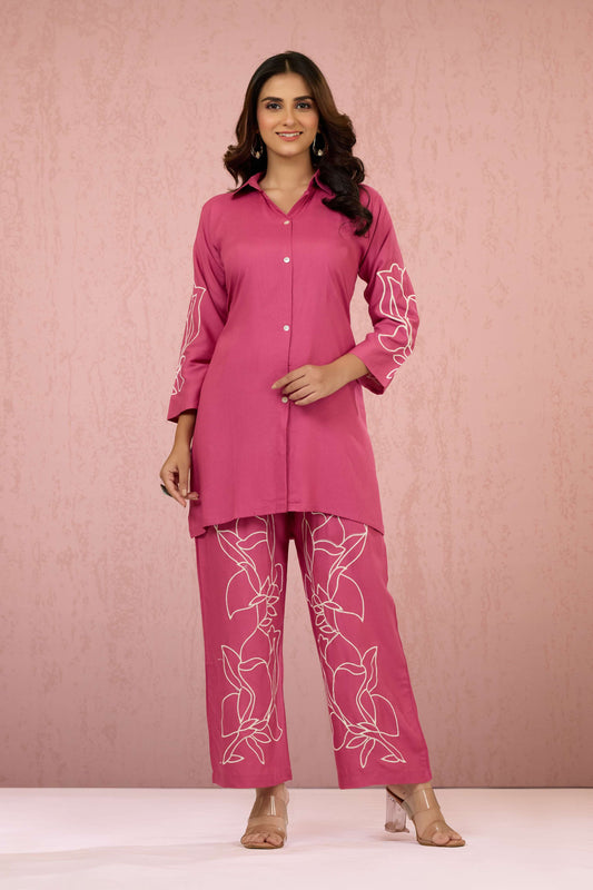 Pink Embroidery Rayon Coord Set 1013-10044