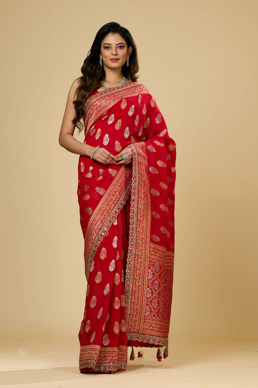 Red Golden Zari weave Khadi Georgette Sarees 1011-10030