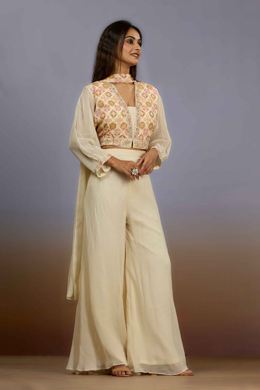 Cream Embroidery Georgette Indo Western 1017-10110