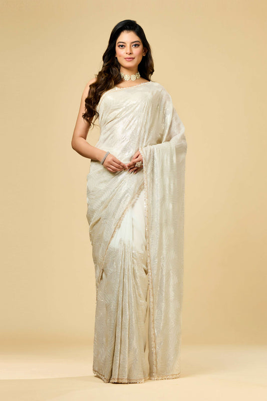 Cream Pearlwork Georgette Sarees 1011-10038