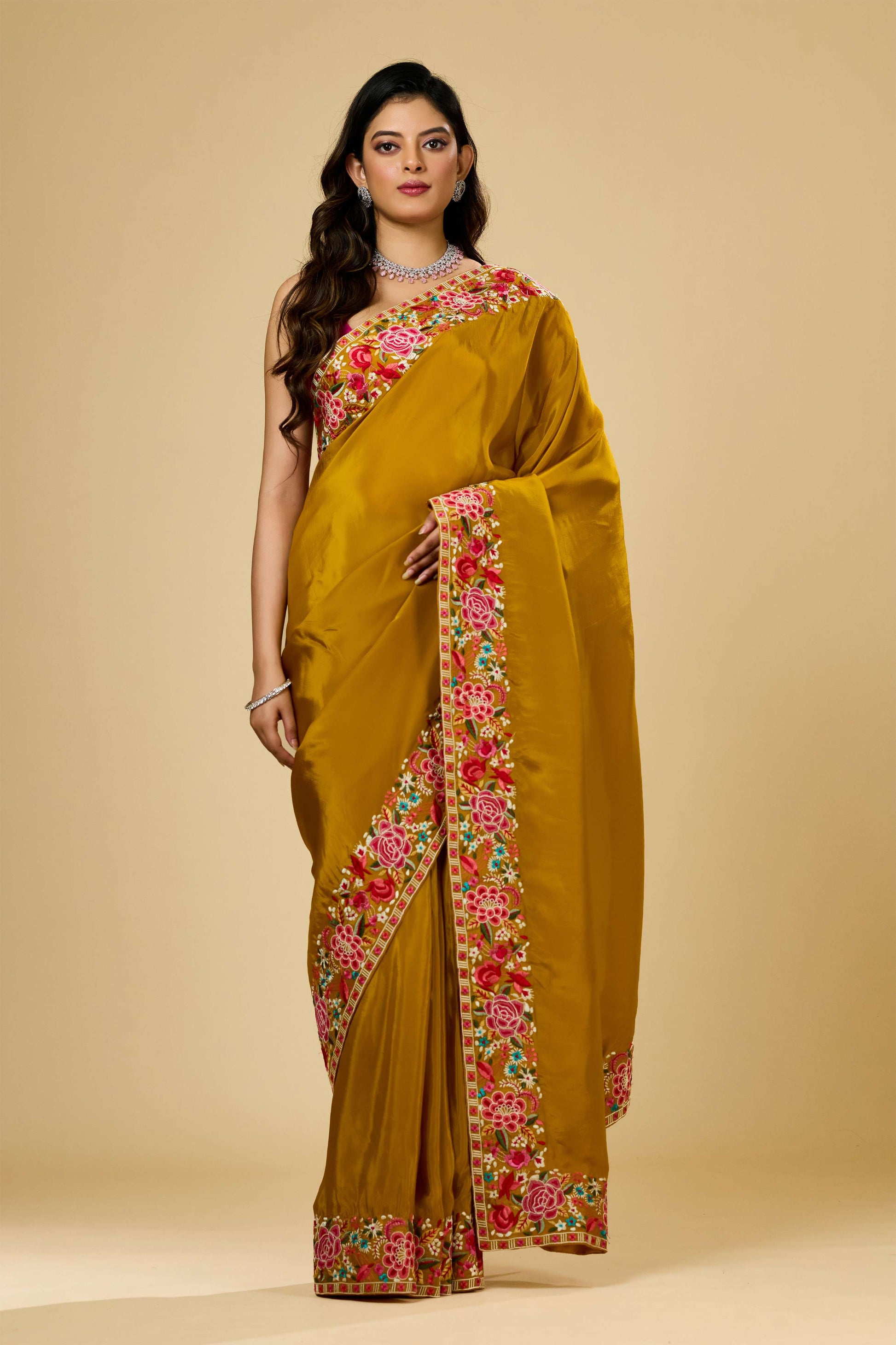 Yellow Embroidery Semi crepe Sarees 1007-10011