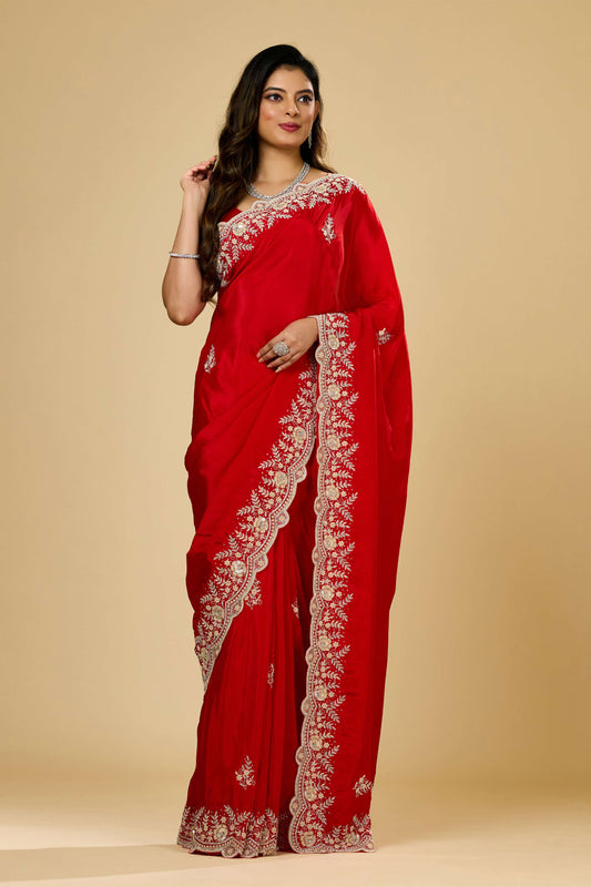 Red Pearlwork Semi crepe Sarees 1007-10005