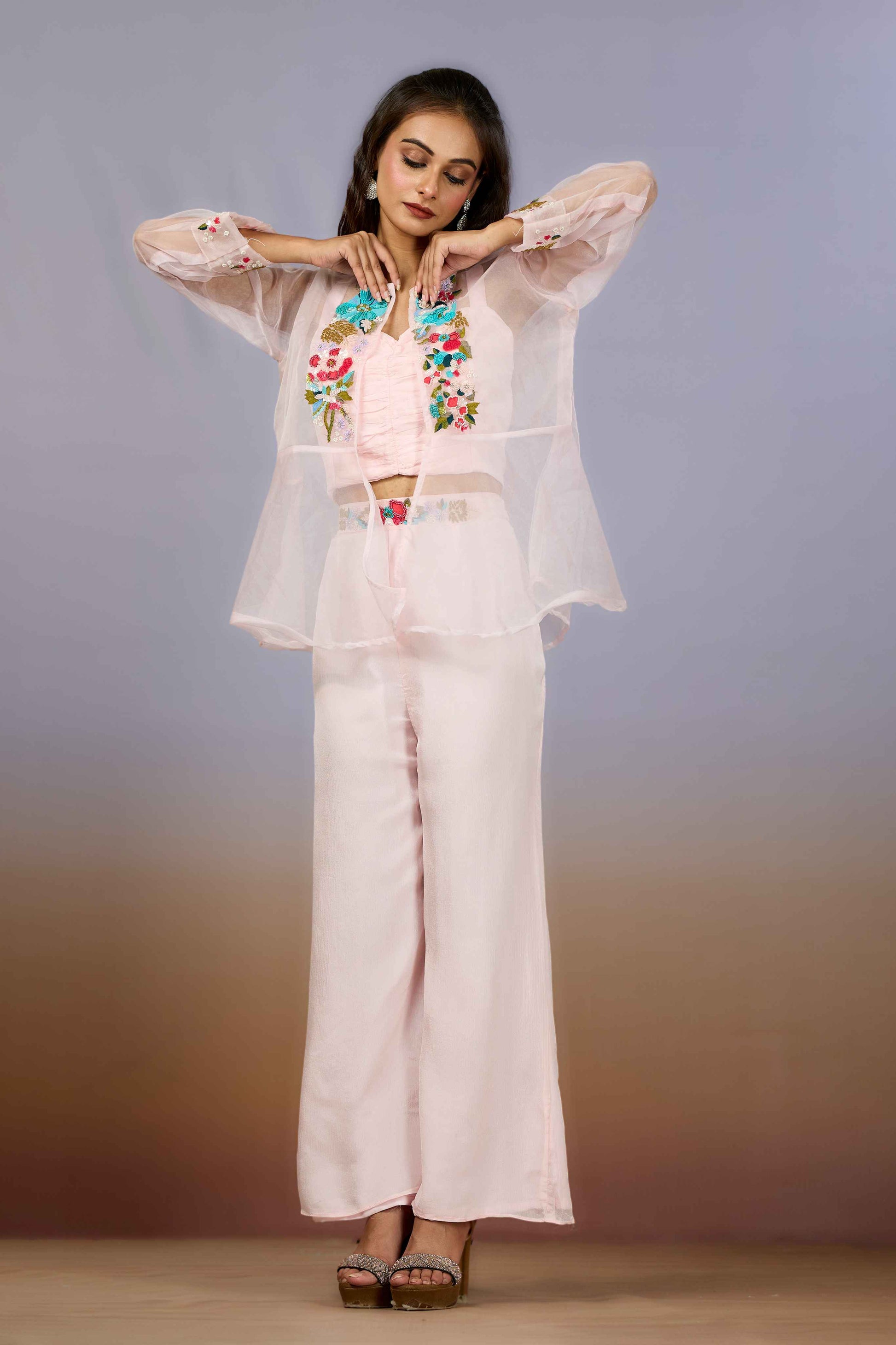 Pink Embroidery Organza Indo Western 1014-10085