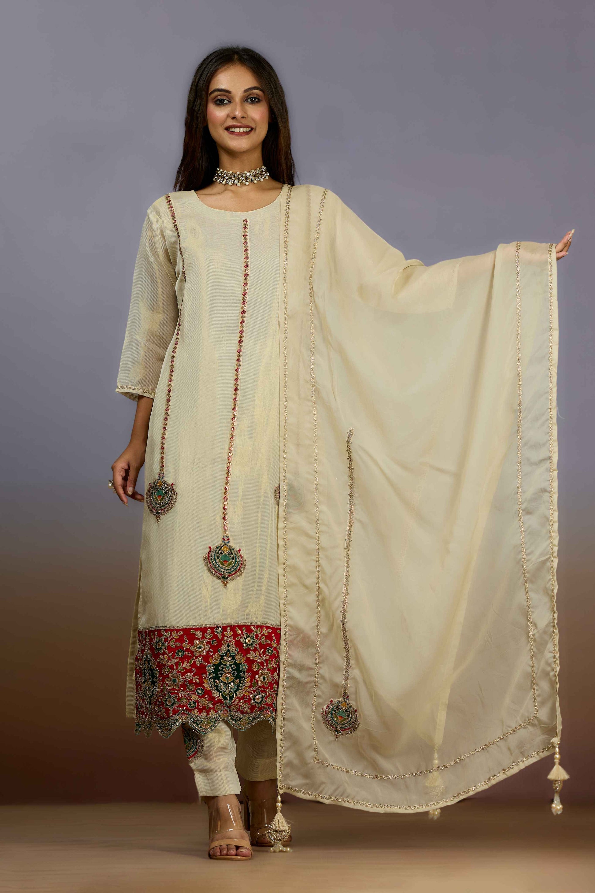 Cream Zariwork Tissue Salwar Suits 1019-10112