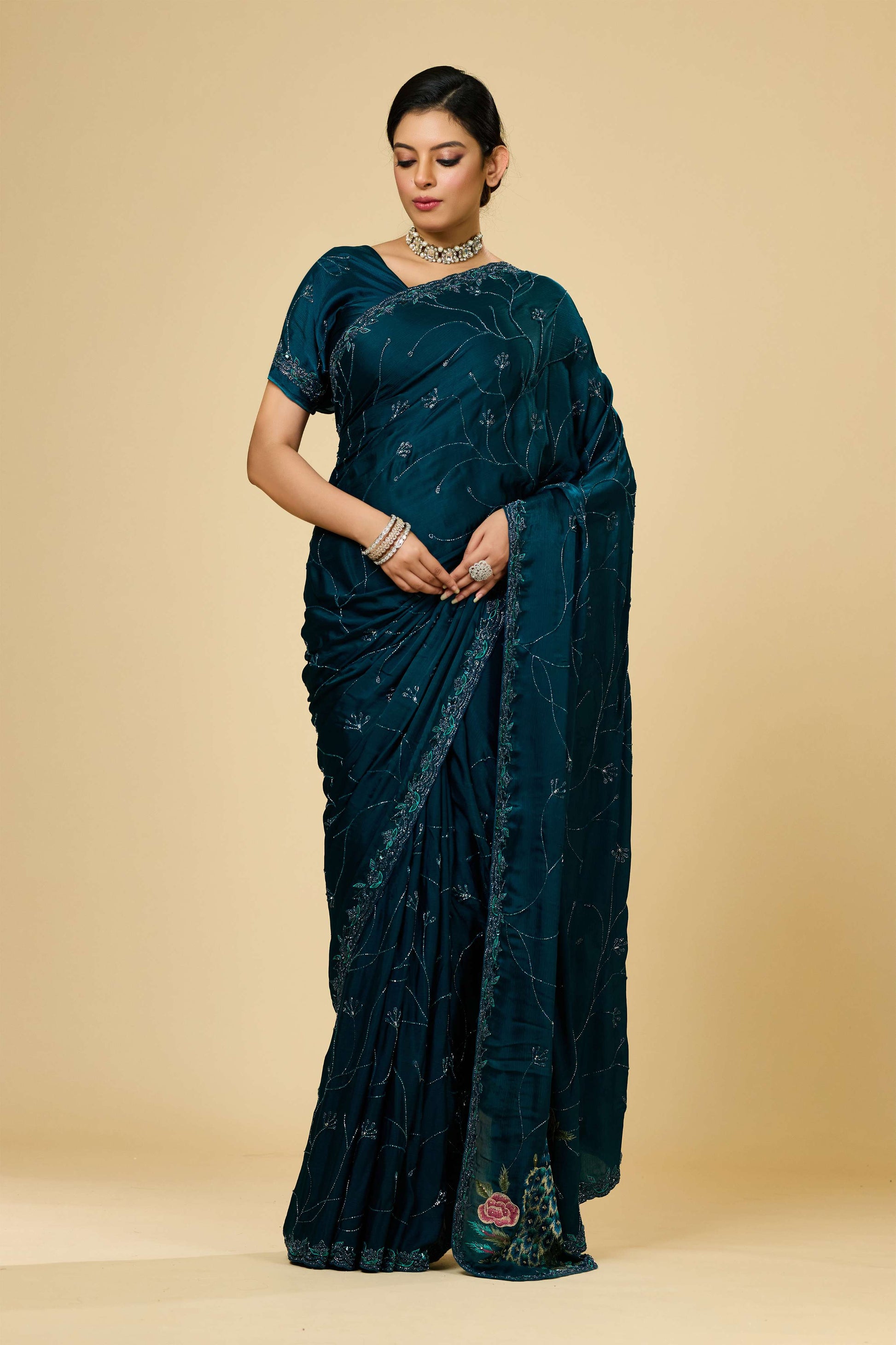 Indigo Embroidery Chinon Sarees 1007-10009