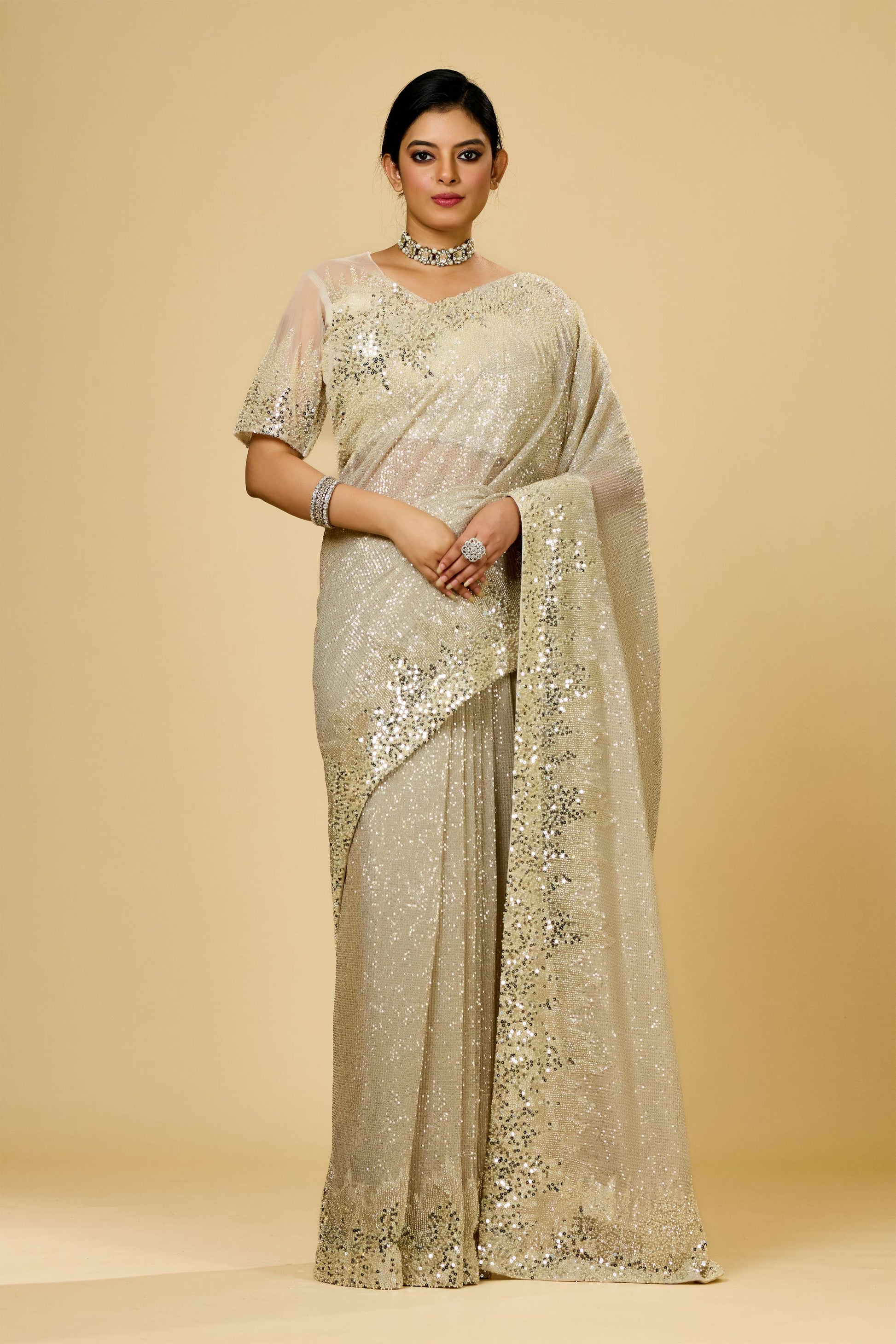 Cream Cut Dana Net Sarees 1003-10020