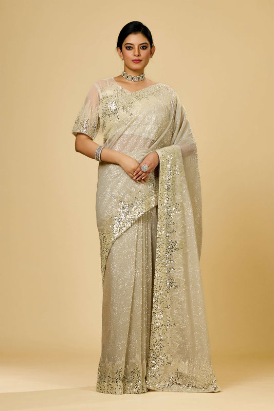 Cream Cut Dana Net Sarees 1003-10020