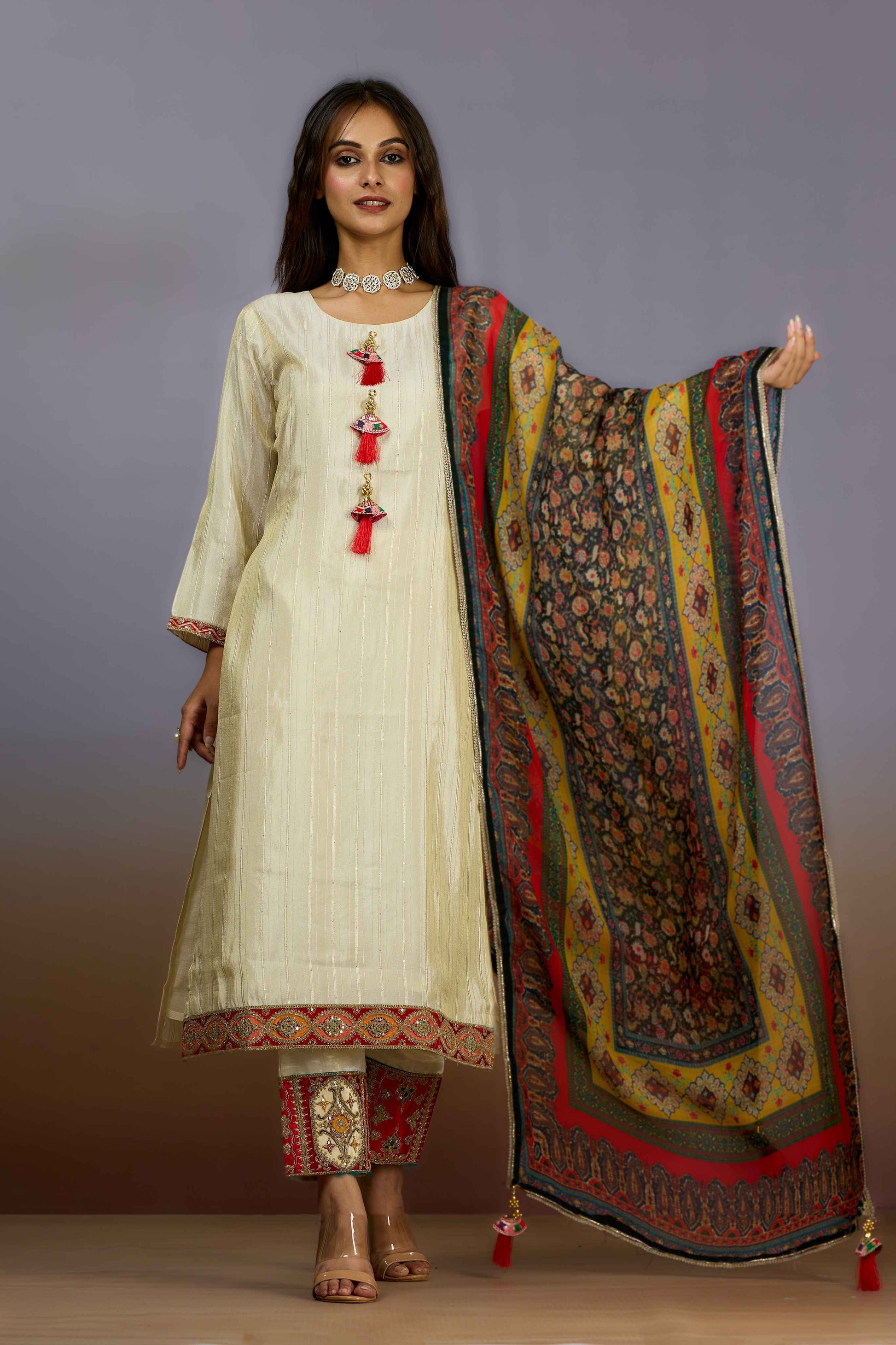 Cream Sequins Tissue Indo Western 1019-10084