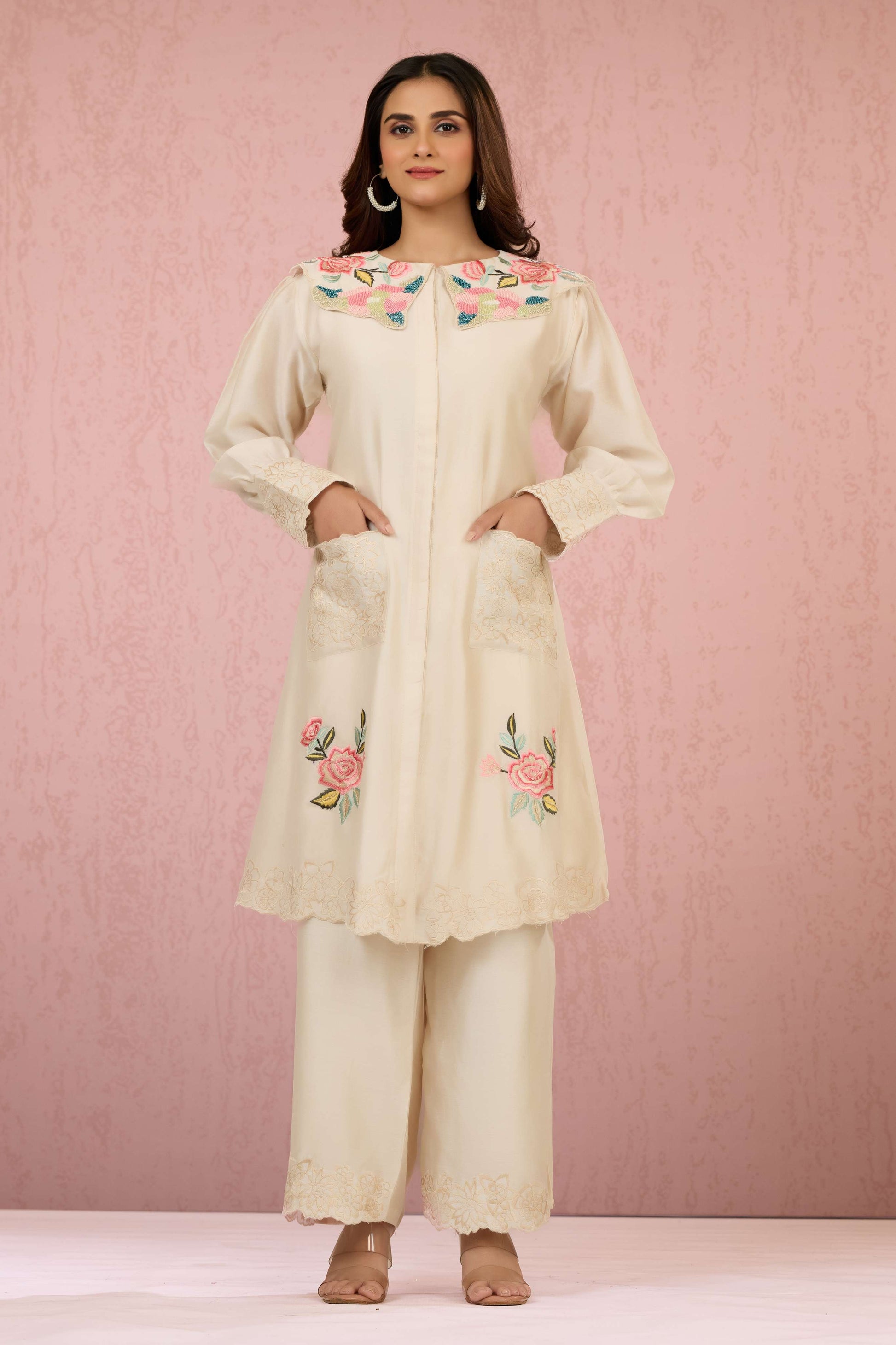 Cream Embroidery HO silk Coord Set 1014-10062