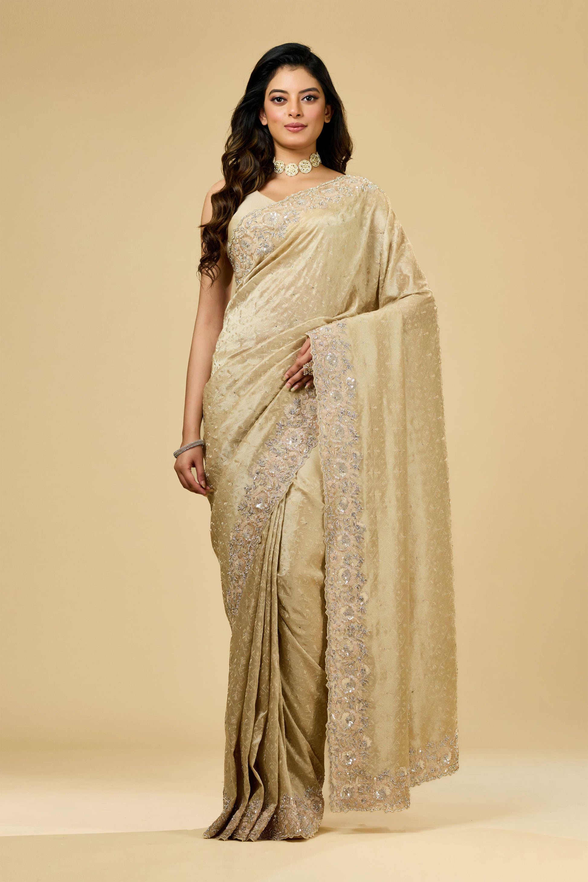 Beige Embroidery Tissue Sarees 1007-10014