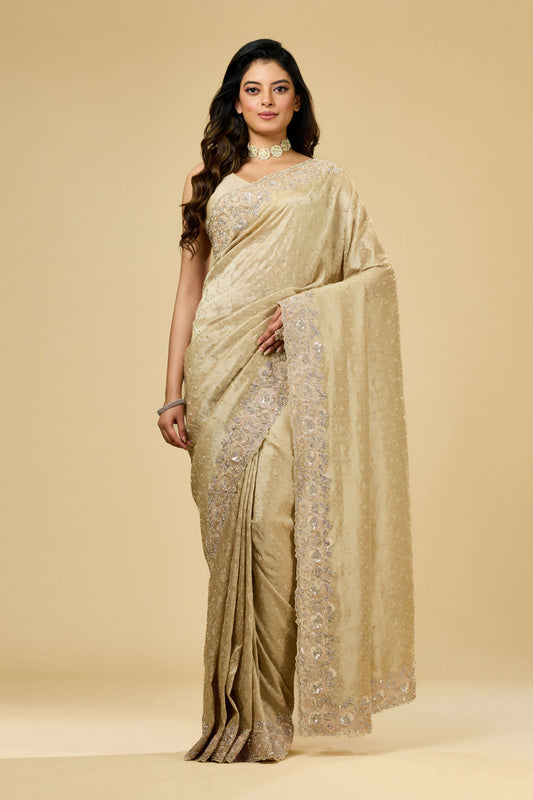 Beige Embroidery Tissue Sarees 1007-10014