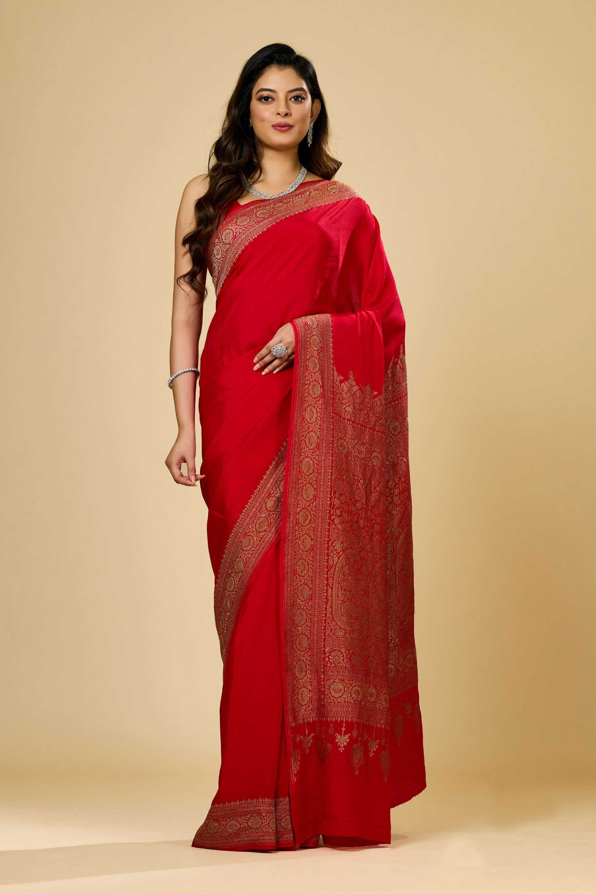 Red Antique Zari weave Khadi semi crepe Sarees 1010-10027