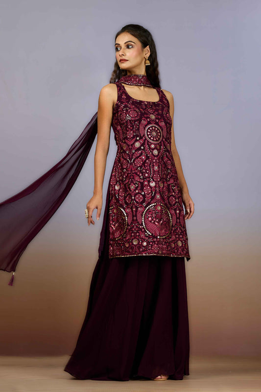 Wine Embroidery Georgette Indo Western 1006-10107