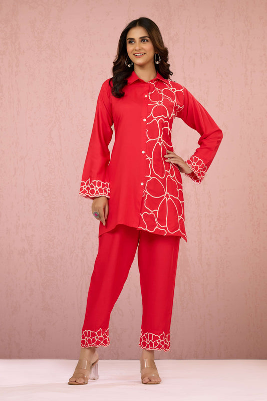 Red Embroidery Rayon Coord Set 1013-10056