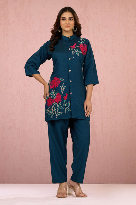 Indigo Embroidery Slub Cotton Coord Set 1013-10046