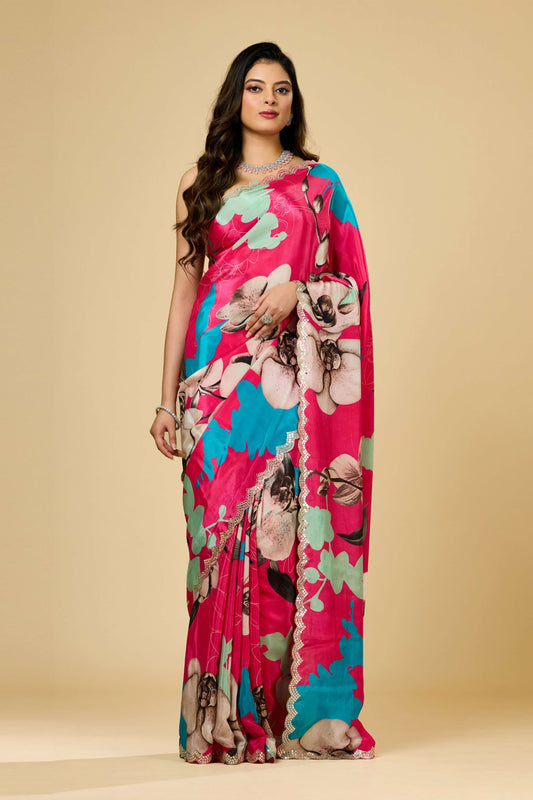 Printed Kutch work Semi crepe Sarees 1012-10032