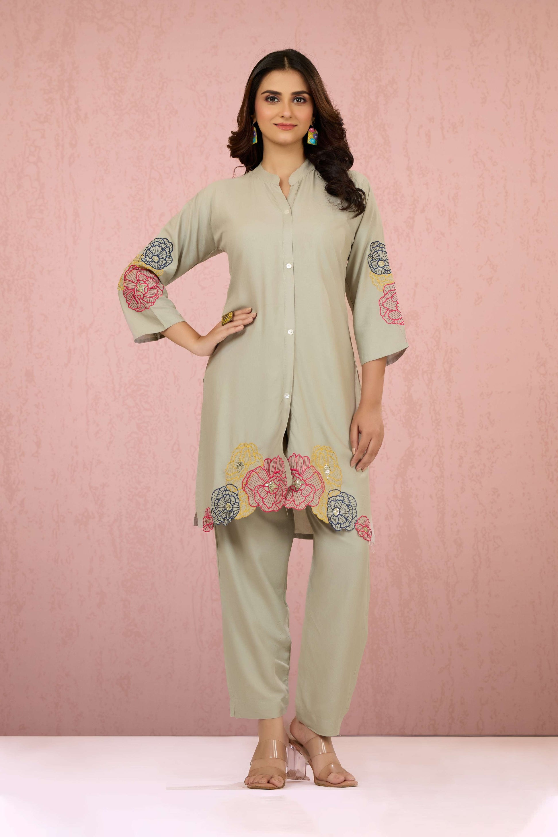 Grey Embroidery Rayon Coord Set 1013-10049