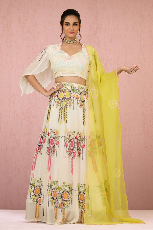 Cream Sequins Chinon Readymade Lehenga 1014-10074