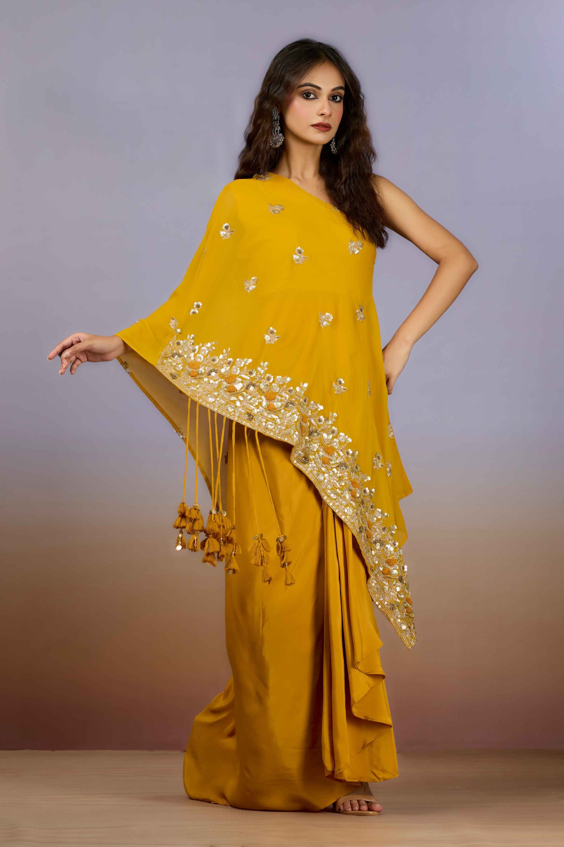 Yellow Sequins Georgette Indo Western 1021-10087