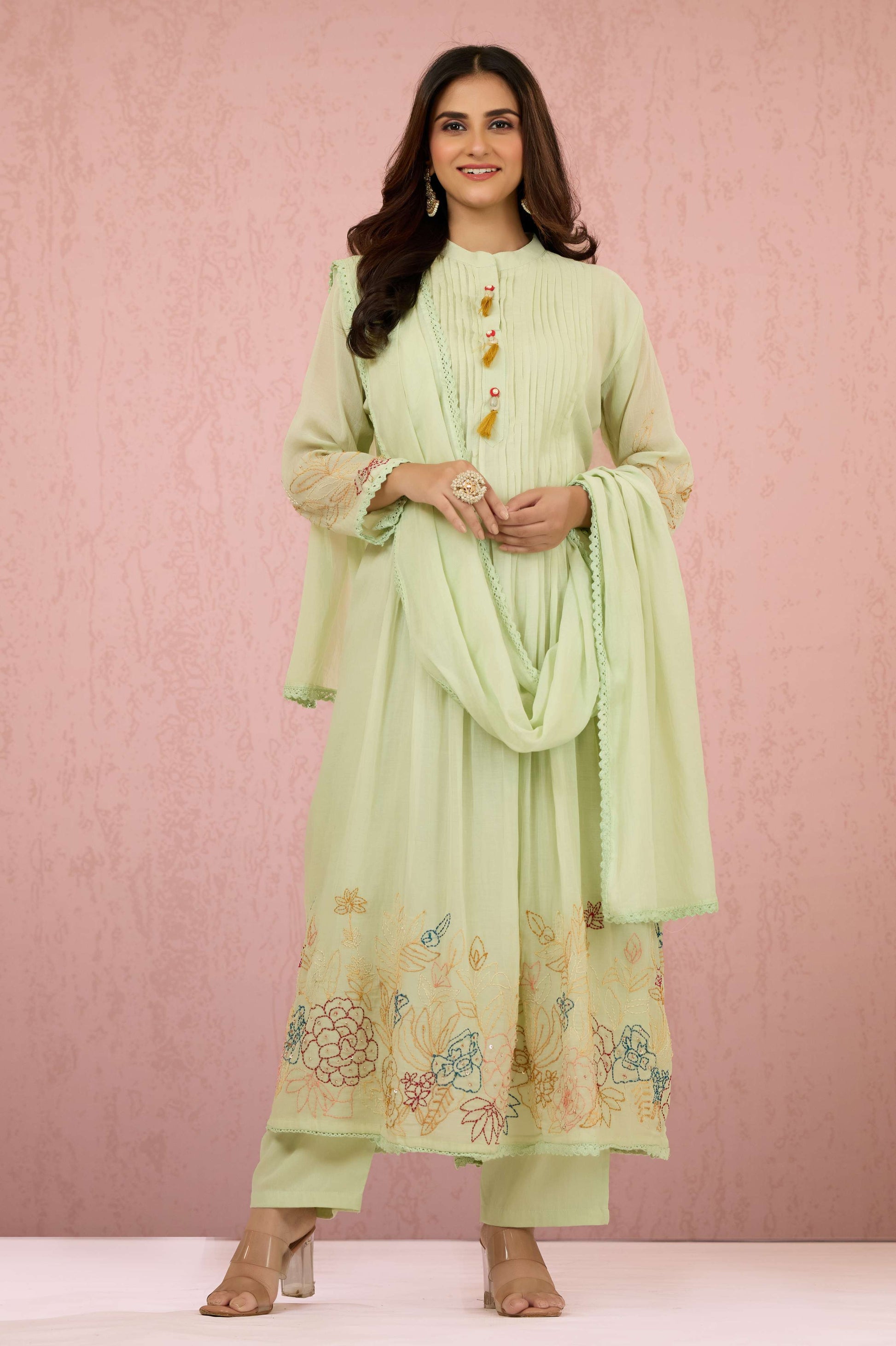 Green Kantha work Mul Chanderi Salwar Suits 1014-10072