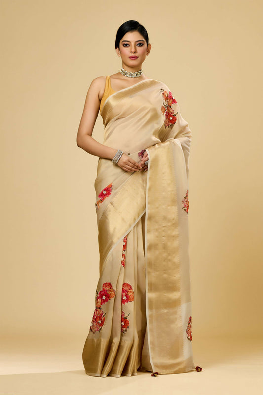 Beige Patchwork Tissue Sarees 1011-10031