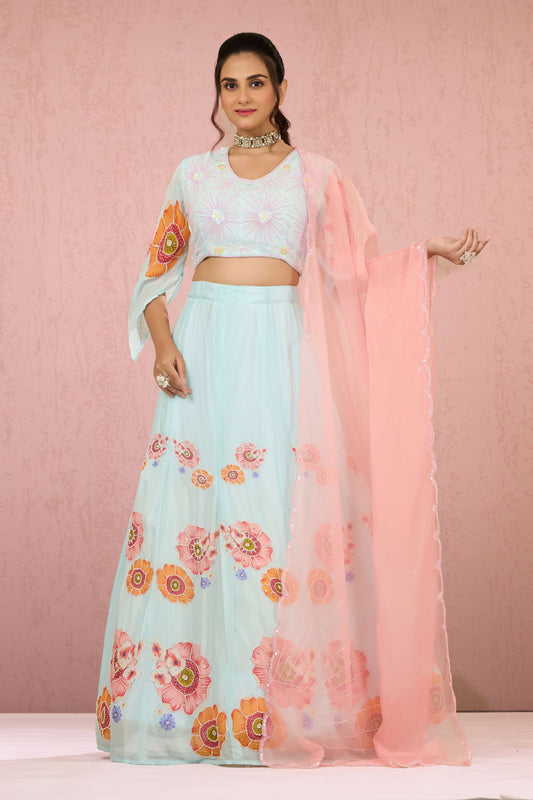 Skyblue Sequins Chinon Readymade Lehenga 1014-10073