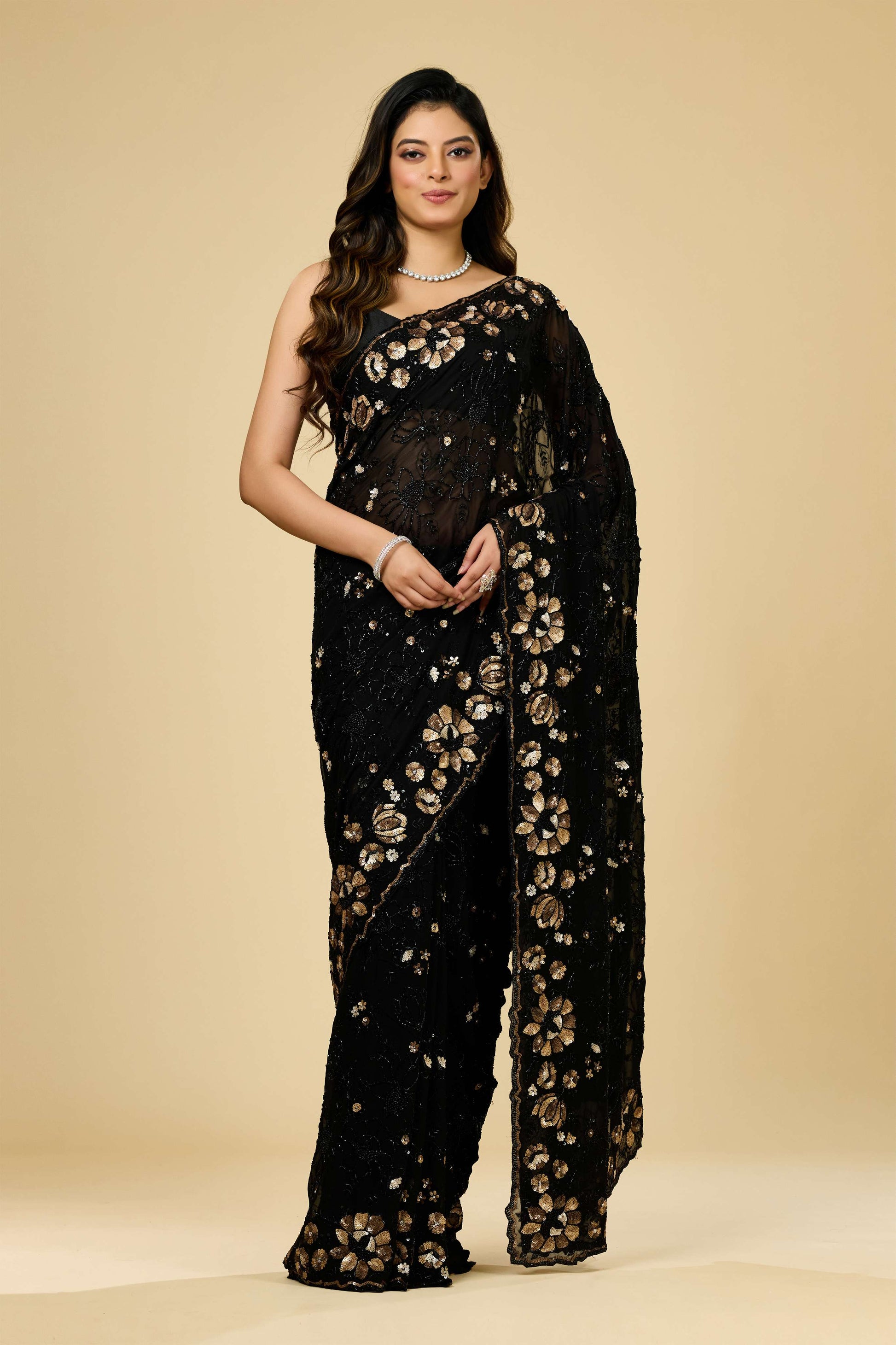 Black sequins Georgette Sarees 1007-10012