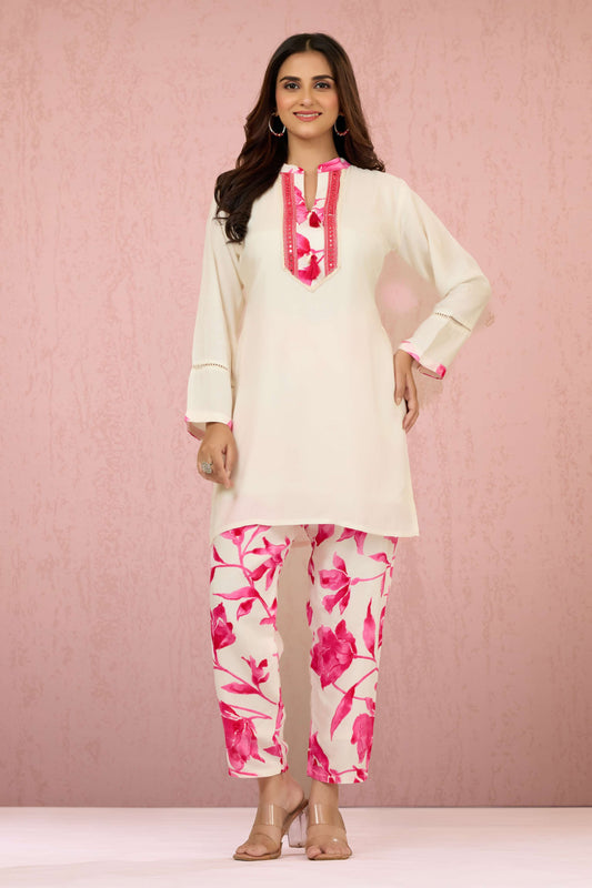 Cream Kutch work Muslin Coord Set 1013-10054