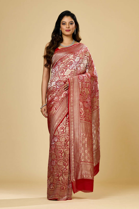 Red Golden Zari weave Khadi Georgette Sarees 1009-10024