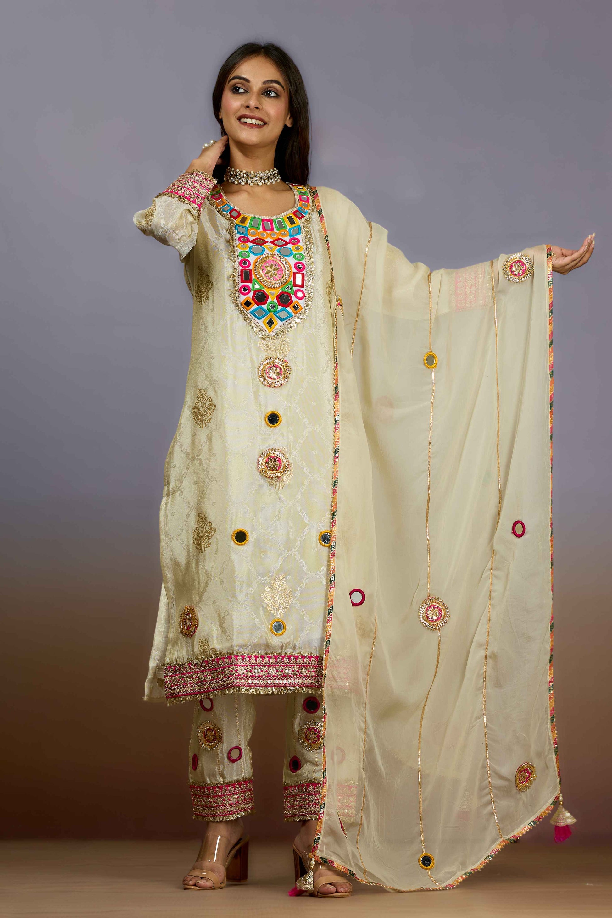Cream mirrorwork Tissue Salwar Suits 1019-10102