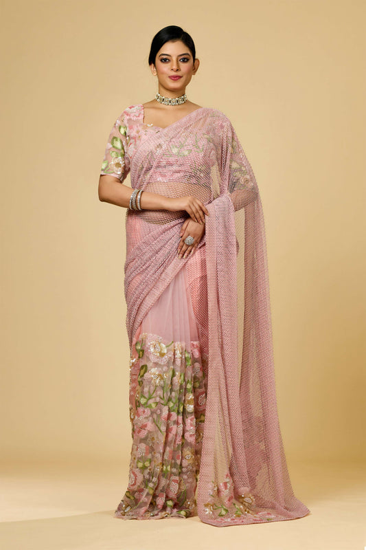 Pink Threadwork / Resham work Lycra Mesh with stone Sarees 1003-10021