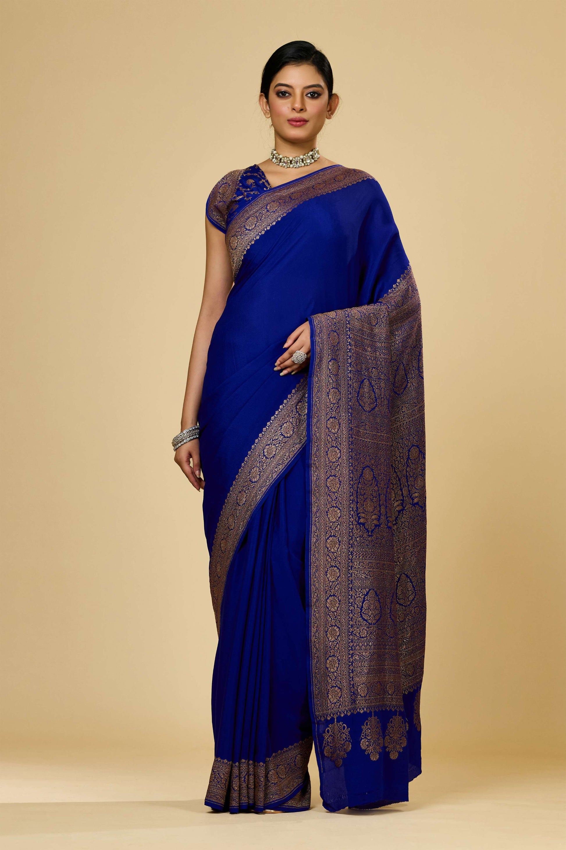 Blue Antique Zari weave Khadi semi crepe Sarees 1010-10026