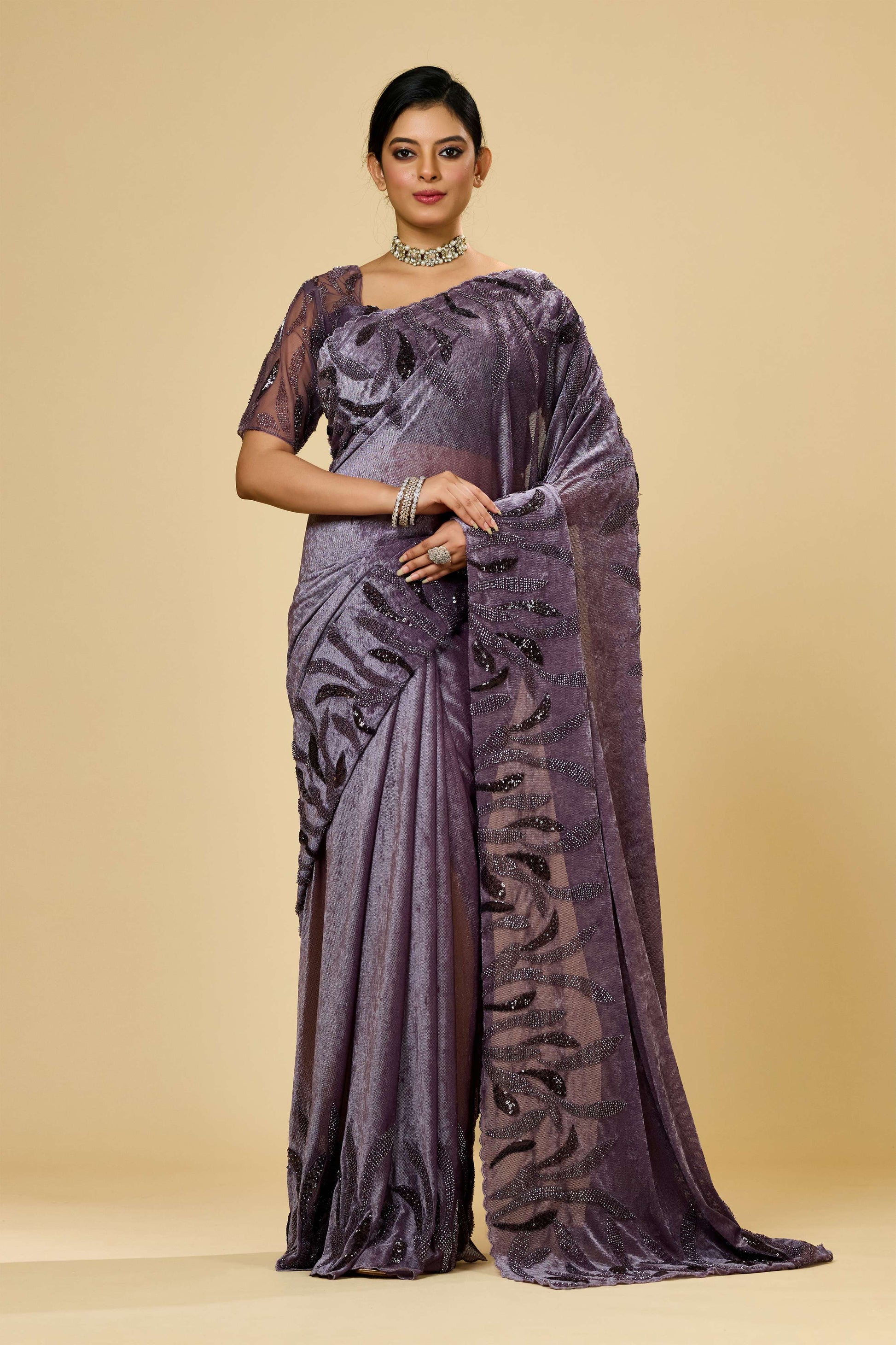 Mauve Cut Dana Lycra Velvet Sarees 1003-10019