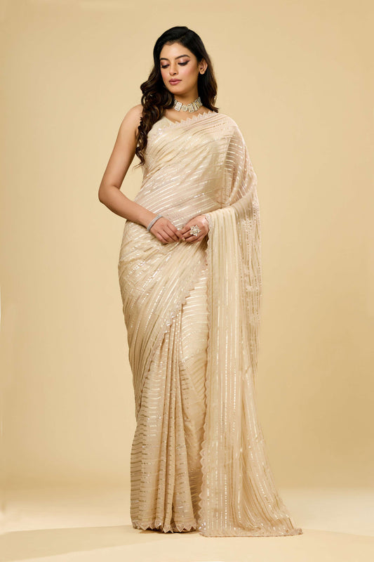 Beige sequins Organza Sarees 1011-10034