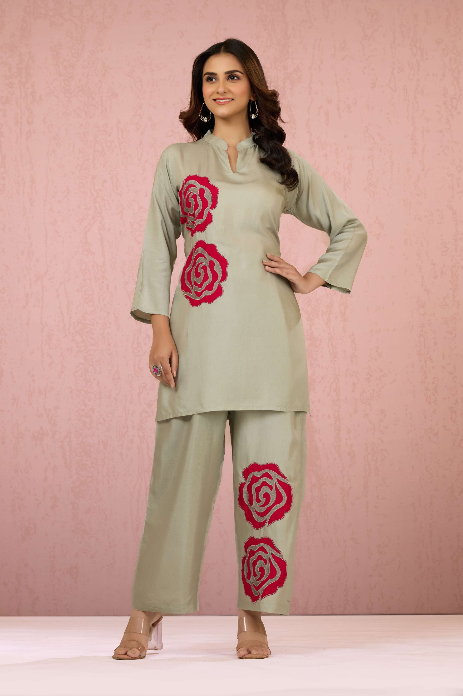 Grey Embroidery Rayon Coord Set 1013-10053