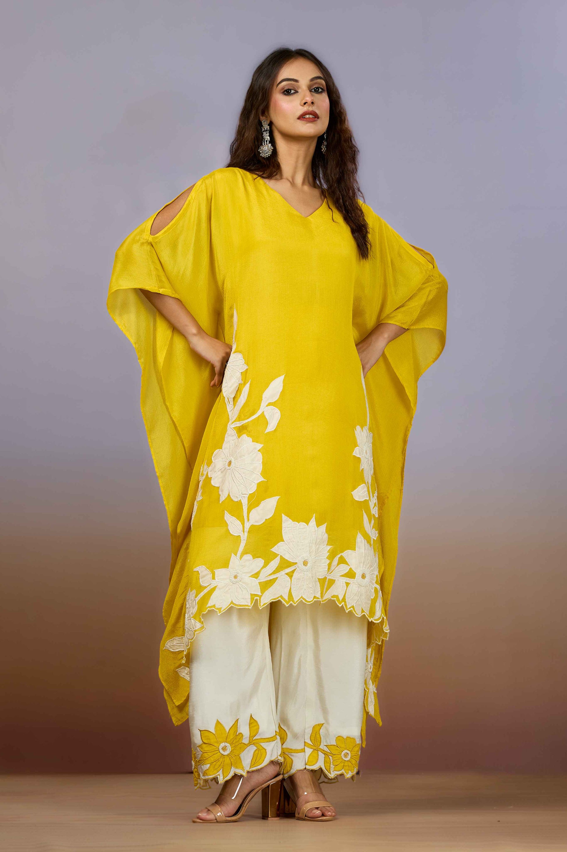 Yellow Pearlwork Chinon Salwar Suits 1014-10080