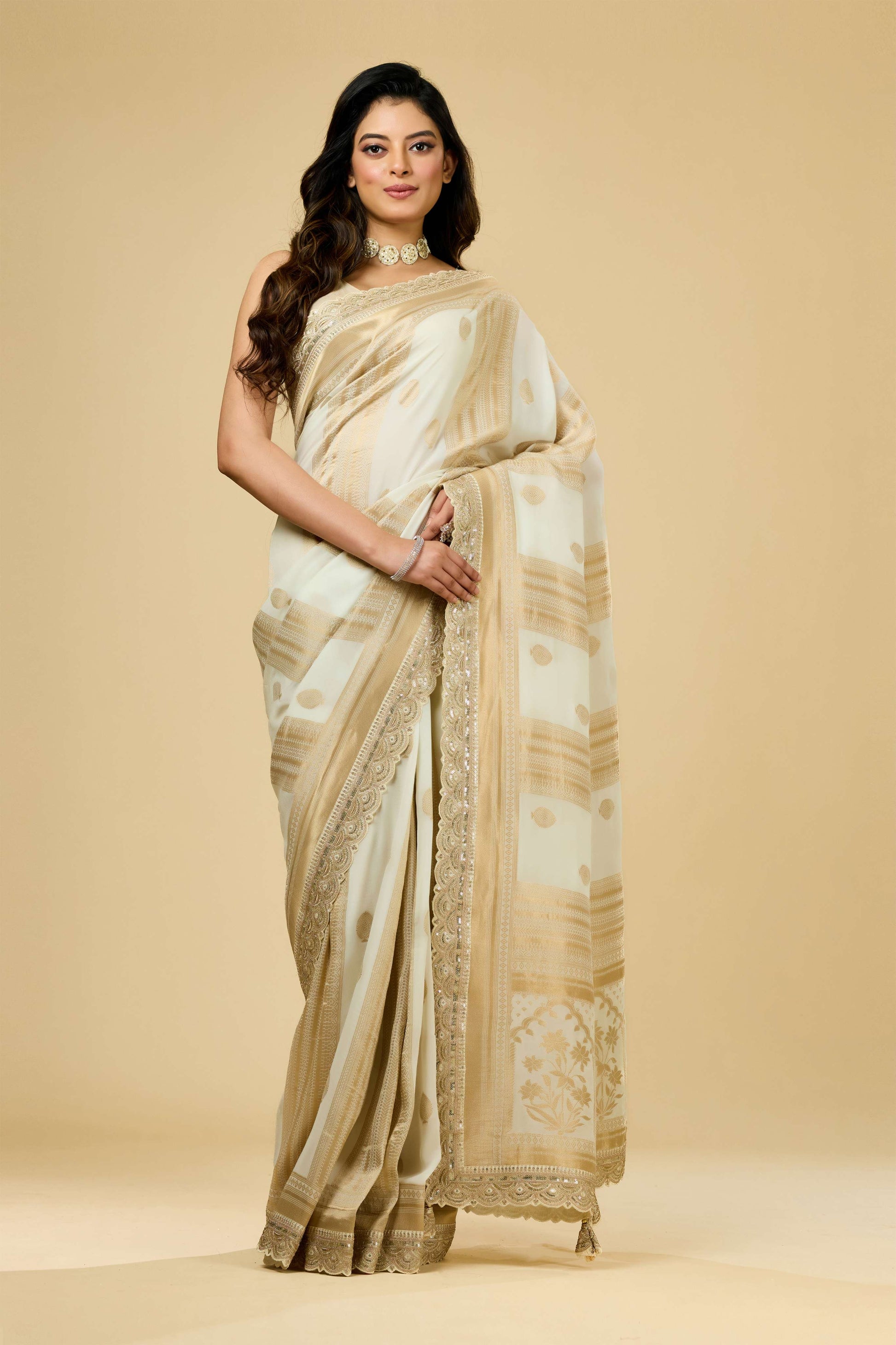 Cream Golden Zari weave Georgette Sarees 1011-10028